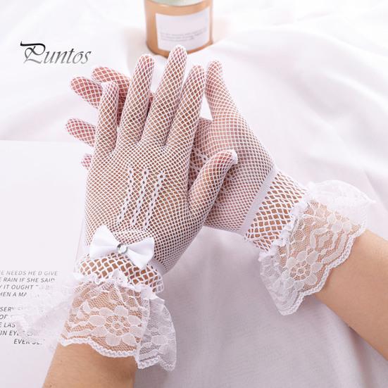 1 пара женских выпускных перчаток, прозрачные кружевные банты, стразы, декор, ажурная сетка, оборки, тонкие, с полным пальцем, для выступлений, невесты, свадебные перчатки