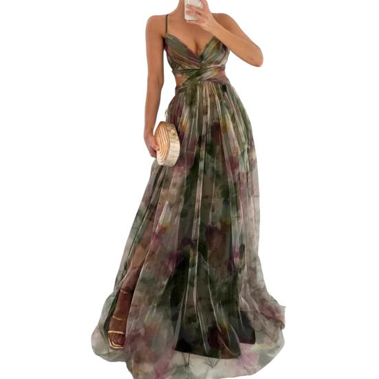 Women's Spaghetti Strap Maxi Dress Floral Boho Deep V-Neck Hollow Out Mesh Pleated Dress Summer Beach Party Swing Long Dress