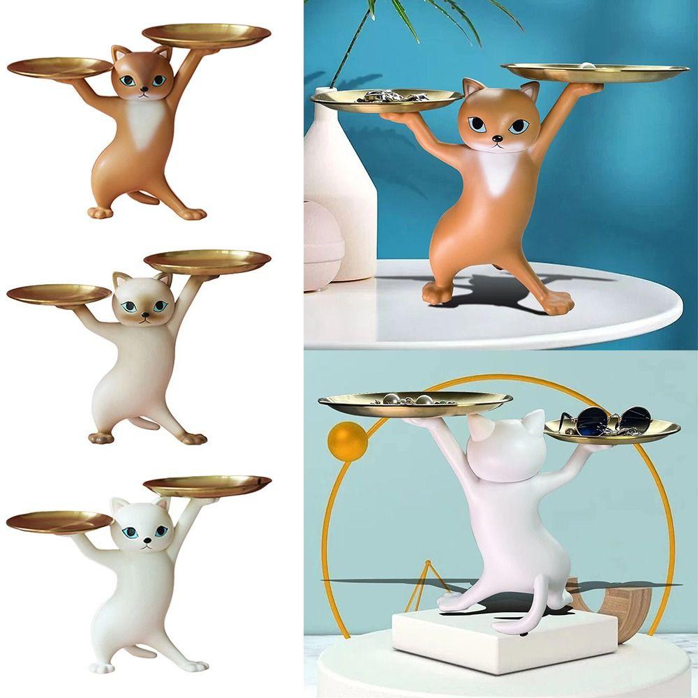 Whimsical Design Cat Support Tray Resin Ket Candy Dish Cartoon Cat Figurine Room Decoration