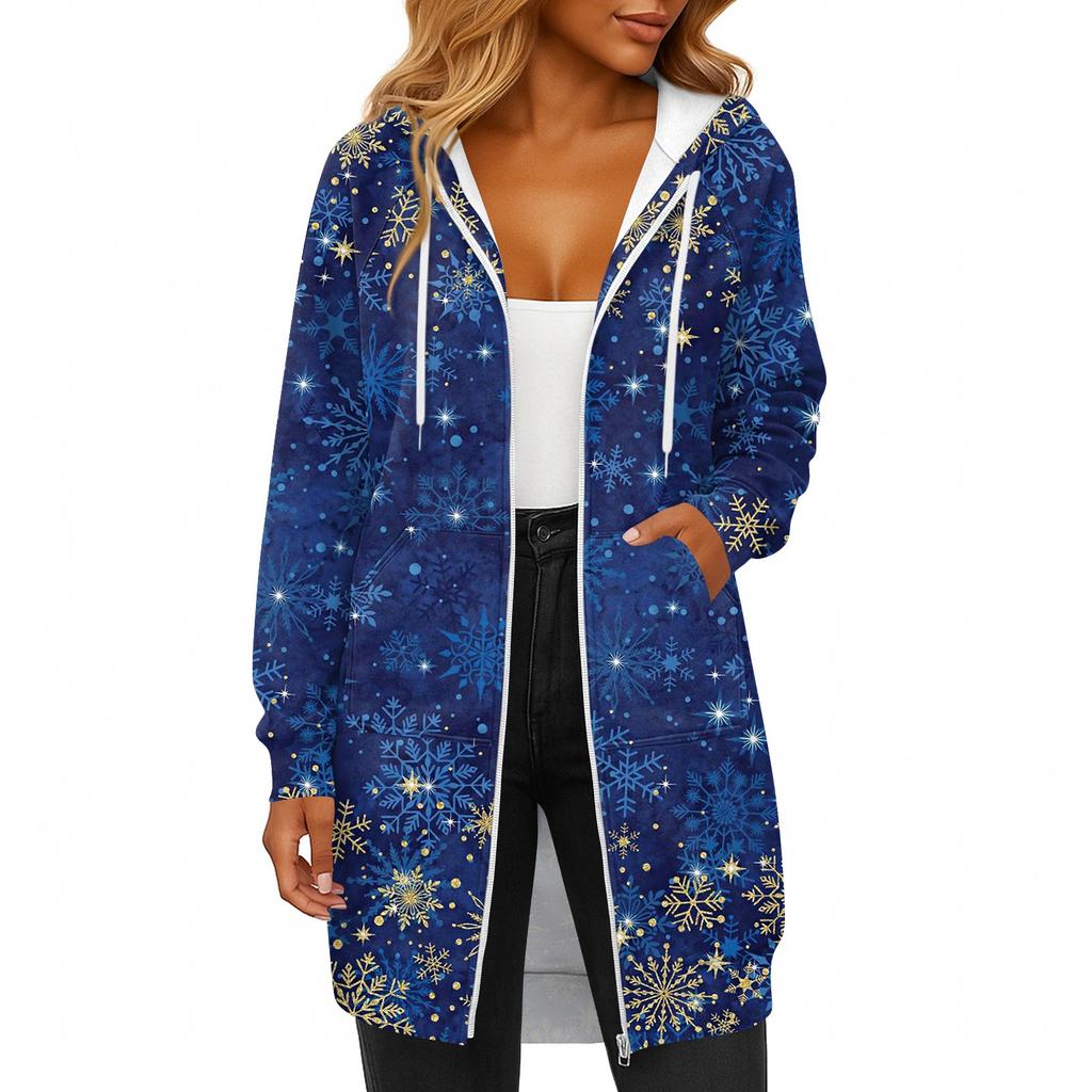 Women's Fashionable Christmas Printed Long Sleeved Drawstring Hooded Zipper Pocket Long Casual Sweatshirt Jacket