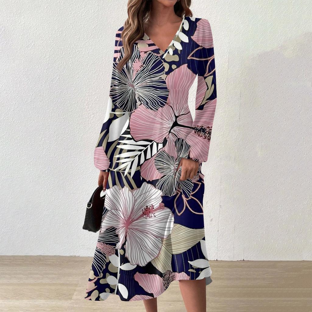 Женское осеннее и зимнее повседневное модное длинное платье с v-образным вырезом и длинным рукавом с цветочным принтом