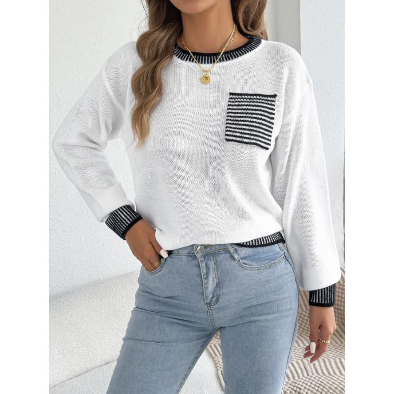 Women S Long Sleeve Striped Pocket Casual Sweater