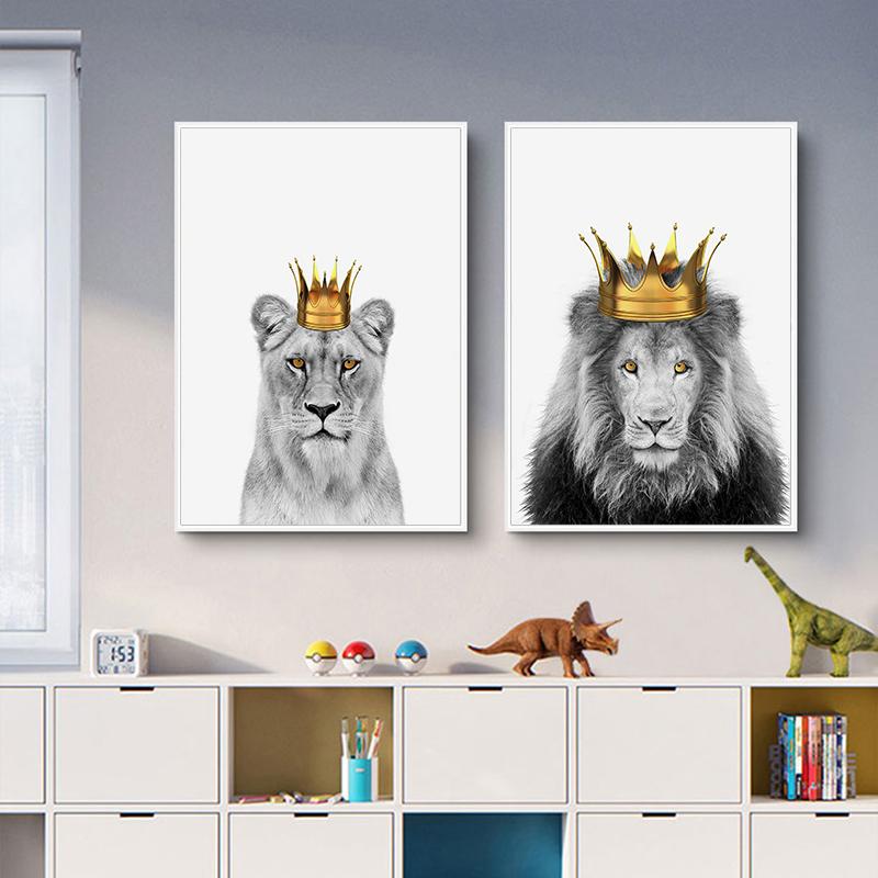 King Queen Lions Wear Crown Posters Canvas Painting Animal Nordic Wall Picture Print For Modern Living Room Home Decoration