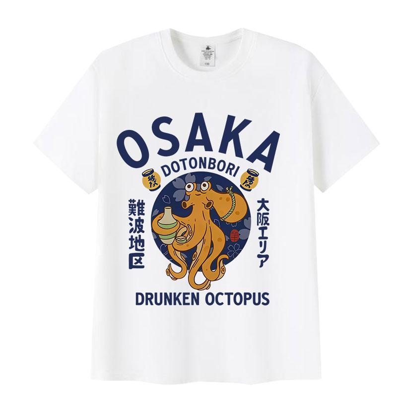 Японская Осака Дотонбори Пьяный Осьминог Любитель Еды Забавная Футболка Мужская Женская Винтажная Харадзюку Оверсайз Хлопковая Футболка Уличная Одежда