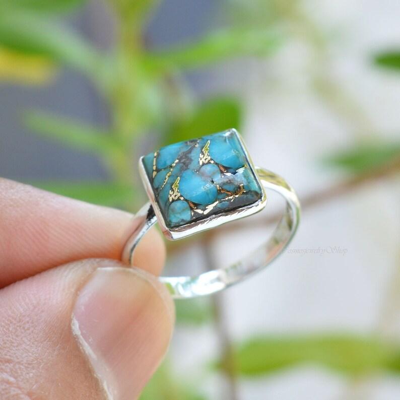 Кольцо с квадратным драгоценным камнем из синей меди и бирюзы, штабелируемое кольцо, дизайнерское кольцо ручной работы, кольцо с безелем, подарок для нее из стерлингового серебра 925 пробы