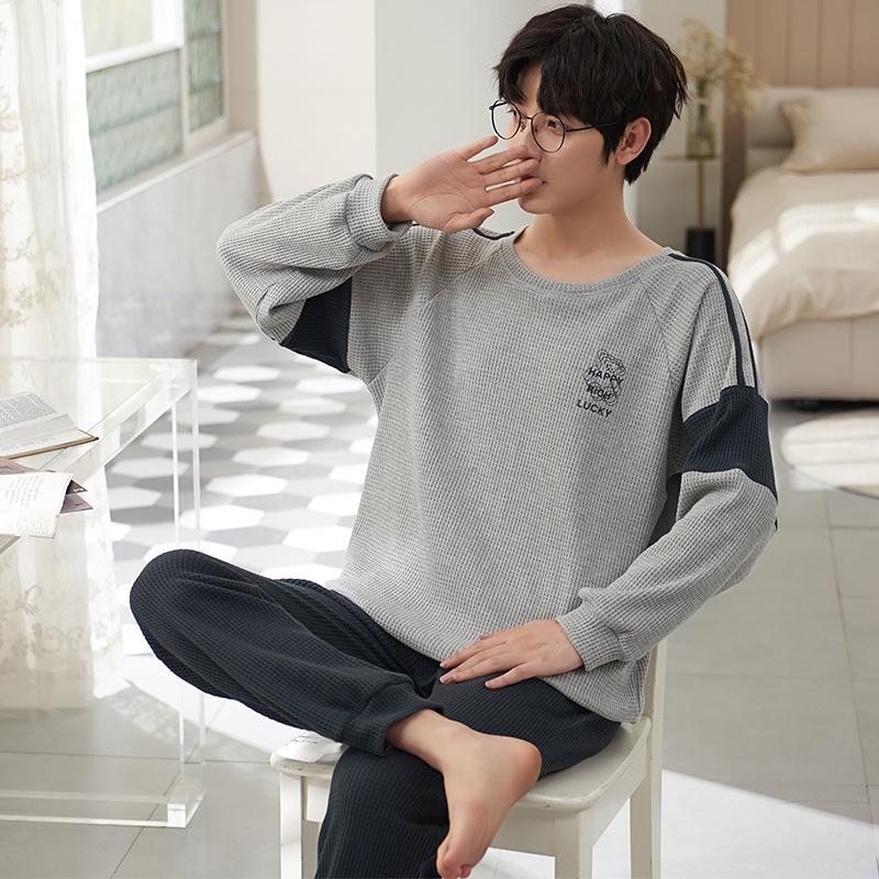 Мужская свободная вафельная пижама с рисунком из мультфильма - длинный рукав, чистый хлопок, большой размер