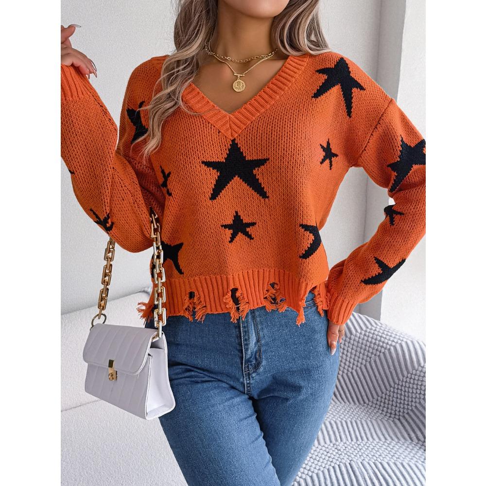 Повседневный вязаный пуловер с v-образным вырезом и звездами с длинными рукавами