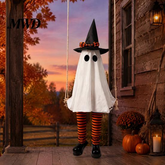 Motion Activated Ghost Display Halloween Hanging Swing Decoration, Light Up Large Swinging with Outdoor Yard Ornaments Witch Hat And Striped Legs for