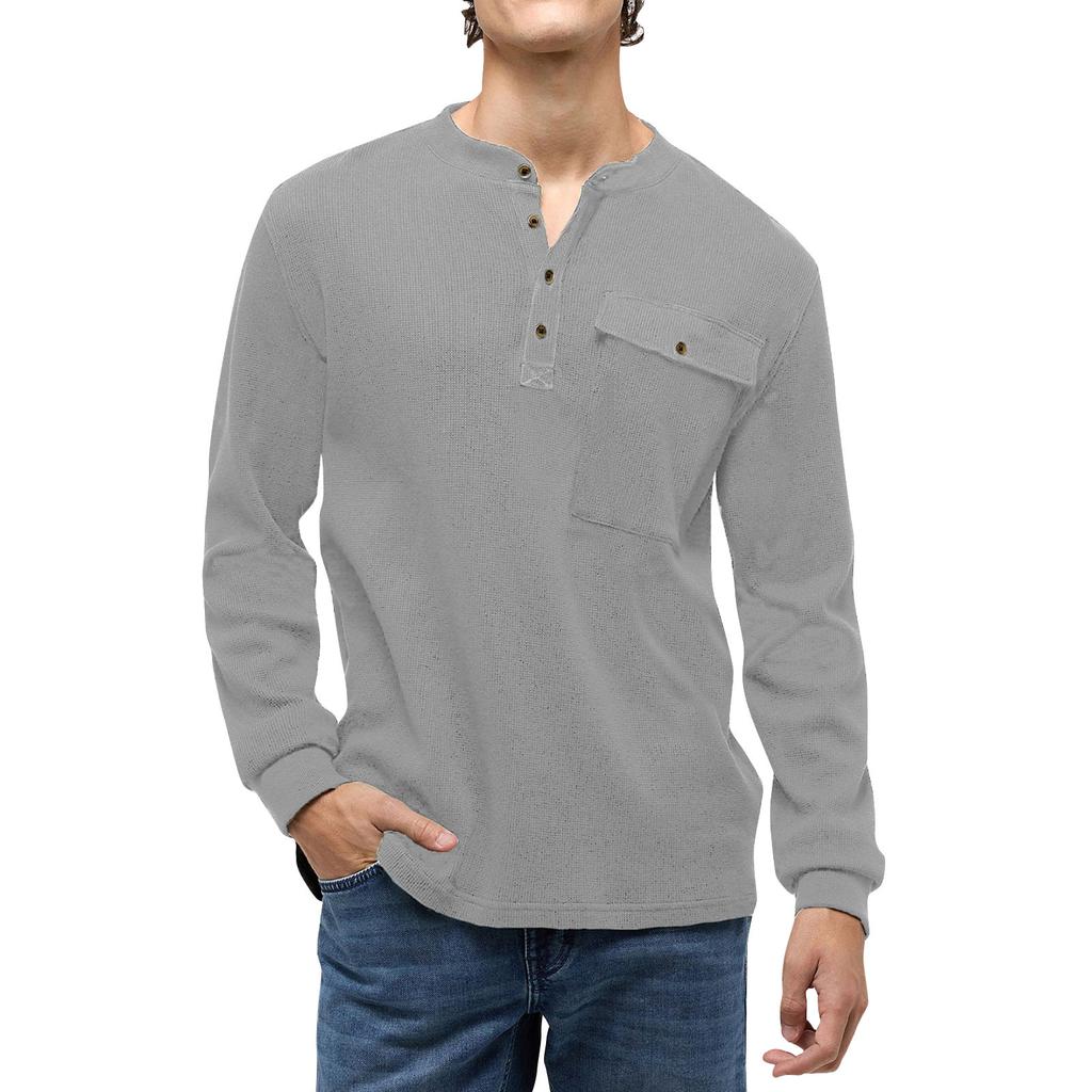 Men'S Button Up Round Neck Top Solid Color Long Sleeved Sports Fashion T-Shirt