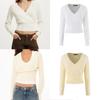 French Style V-Neck Knit Sweater Long Sleeve Slim Fit Casual Top Women