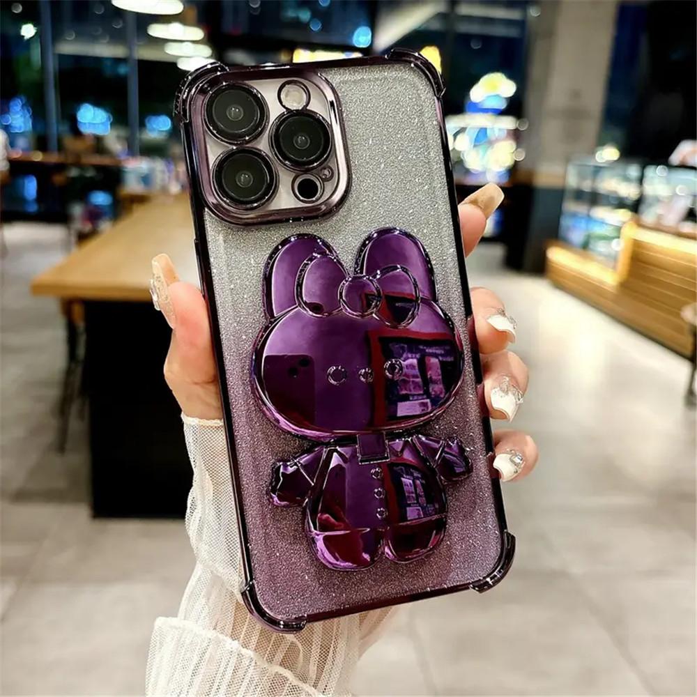 Противоударный чехол с блестками для Xiaomi Redmi Note 13 Pro 5G / Redmi Note 14 Pro Plus, мягкий чехол с невидимым зеркальцем для макияжа и подставкой в виде кролика