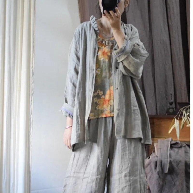 Johnature Льняная рубашка в стиле ретро, нерегулярная винтажная рубашка, осенняя женская повседневная однобортная рубашка с длинными рукавами