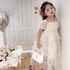 Summer New Girls Fashion White Shining Star Beads Cake Dress Kids Square Neck Bow Evening Dresses