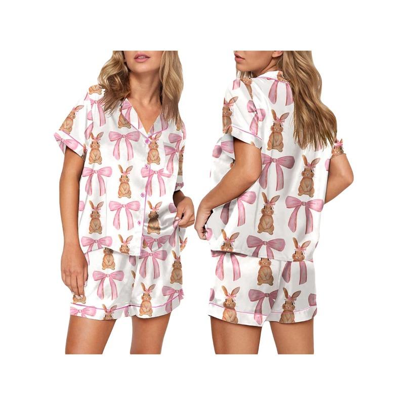 Женский комплект из 2 предметов для дома, пижама с коротким рукавом, милым бантом, застегивающаяся на пуговицы рубашка, топ + свободные шорты, комплект для сна