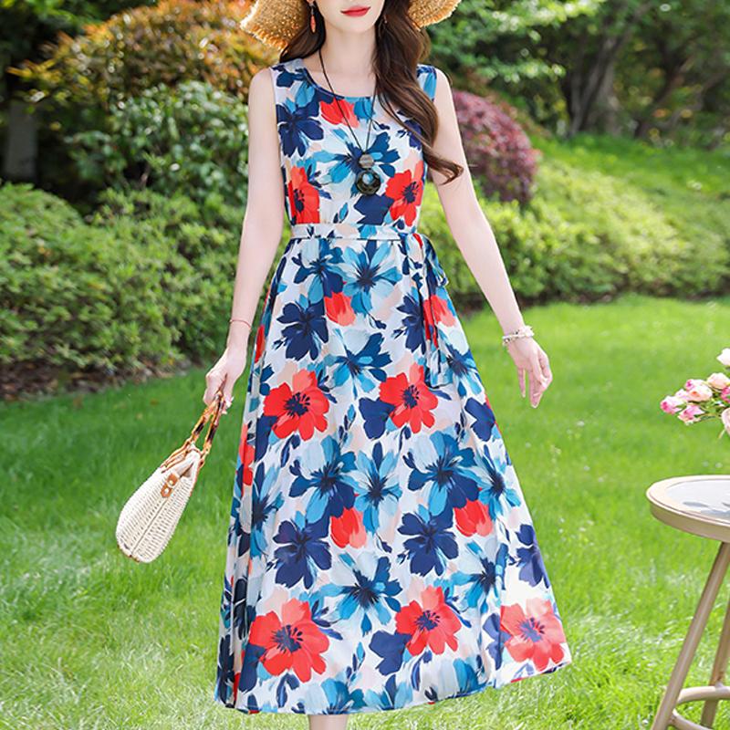 Повседневные летние платья для женщин, винтажная одежда, свободное без рукавов, большие размеры, элегантное длинное платье с поясом