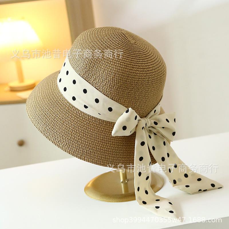 French elegant polka dot sunshade Hepburn women's summer streamer seaside outing versatile straw hat summer wide brim sun protection hat