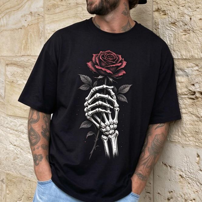 Dark Rounisextic Skeleton Hand Hold Rose Tshirt Gothic Art Tee Halloween Gift For Gothic Style Cotton Unisex Fashion Y2k Top
