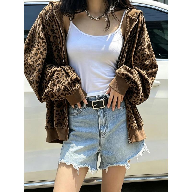 Women S Vintage Leopard Print Loose Long Sleeve Hooded Cardigan Sweatshirt
