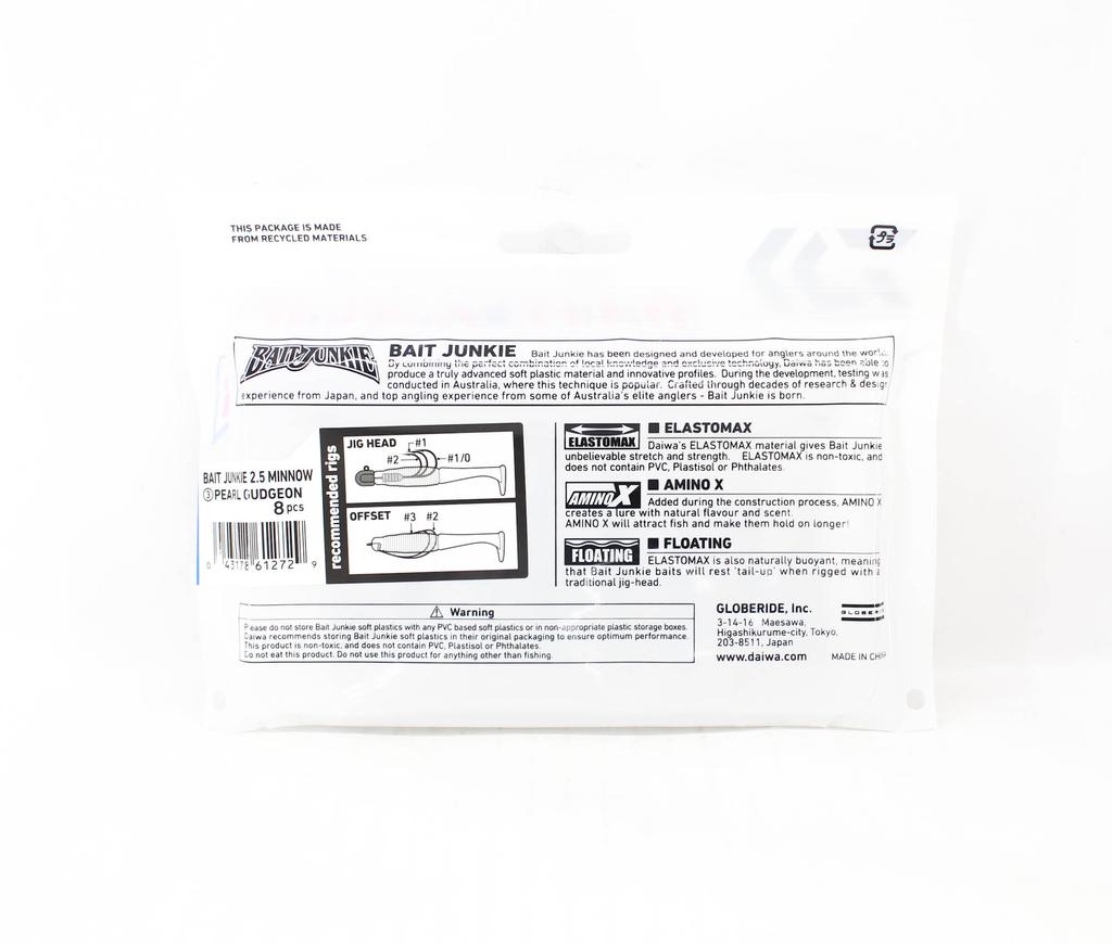 Daiwa Soft Lure Bait Junkie Minnow 2.5 Inch 8 Per Pack Pearl Gudgeon (2729)