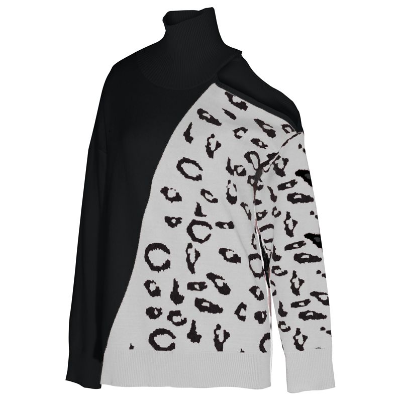 Женский осенне-зимний повседневный вязаный свитер, джемпер, пуловеры, топ, водолазка без бретелек, длинный рукав, леопардовый лоскутный шов, хаки, карамель, черный, S-XL