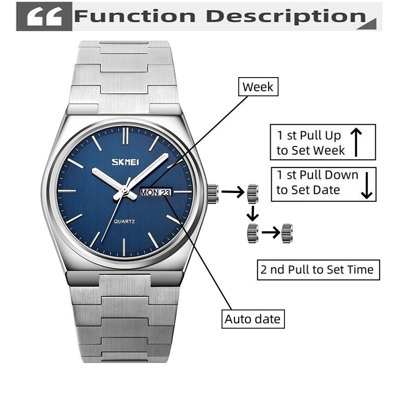 Skmei Luxury Brand Quartz Waterproof Wristwatch for Mens Stainless Steel Strap Date Week Analog Display Bracelet Watches