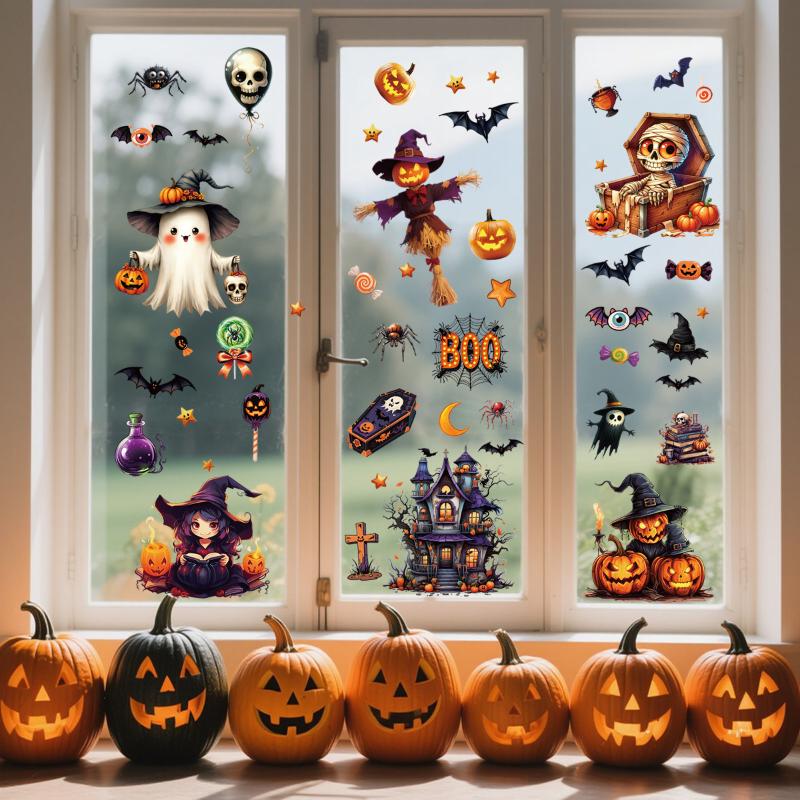 Halloween Window Sticker Pumpkin Bat Castle Pattern Wall Stickers Halloween Decals