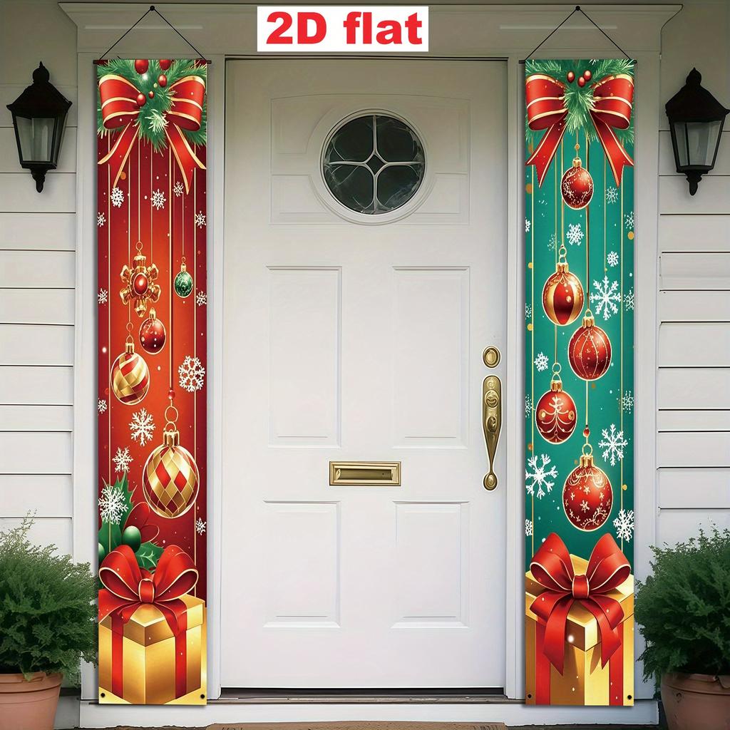 2pcs Christmas Porch Banner 30x180cm, Red Bow Christmas Ball Snowflake Design, Indoor Outdoor Couplet Hanging