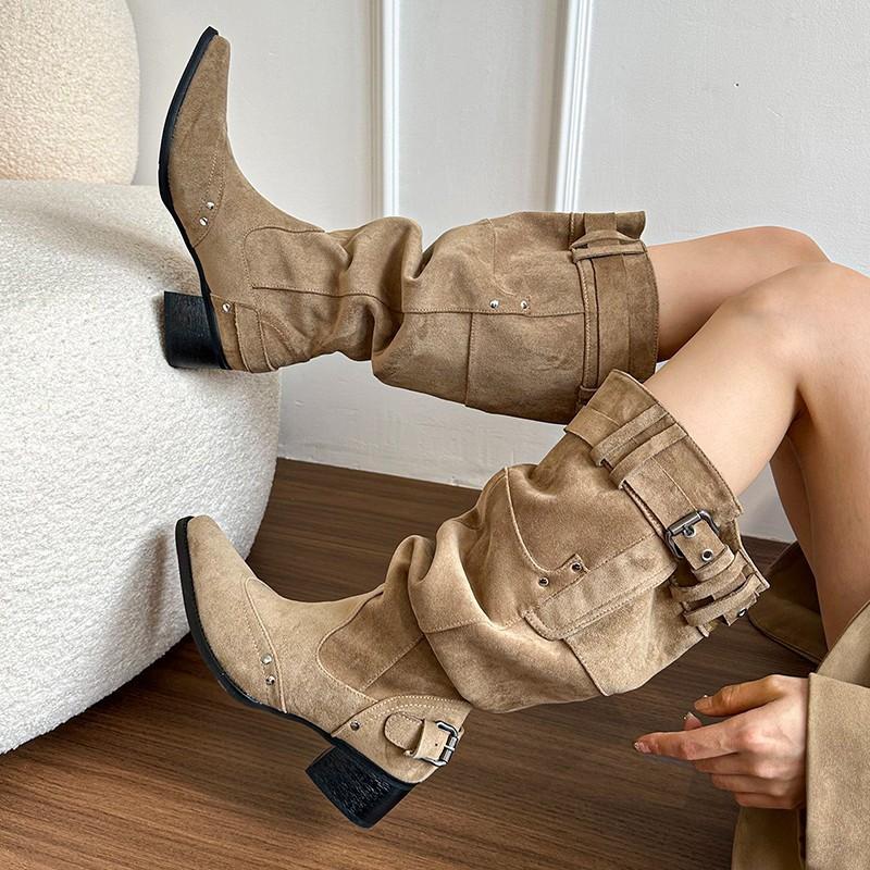 Retro Casual Big Tube Boots 2025 Autumn and Winter Fashion But Knee Boots Pointed Thick Heel Women's Pile Boots