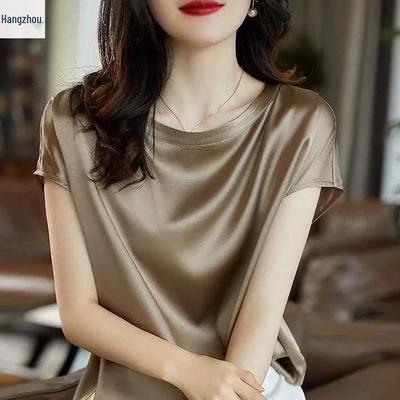 Женский топ из искусственного атласа с круглым вырезом - Короткий рукав, Однотонный, Универсальный, Со спущенным плечом, Летний стиль