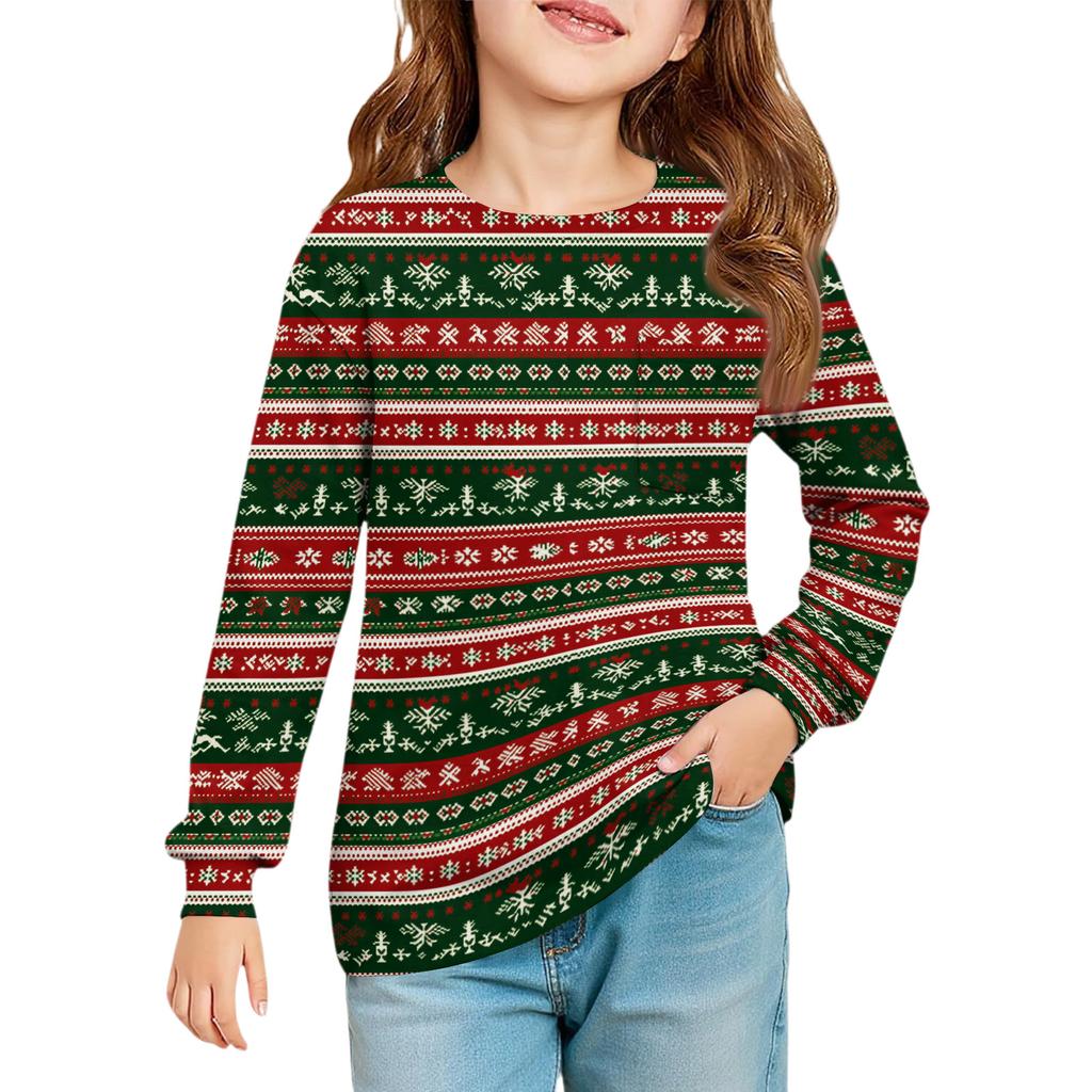 Christmas Day Girls' Long Sleeve Blouse - Round Neck Soft Waist Tunic
