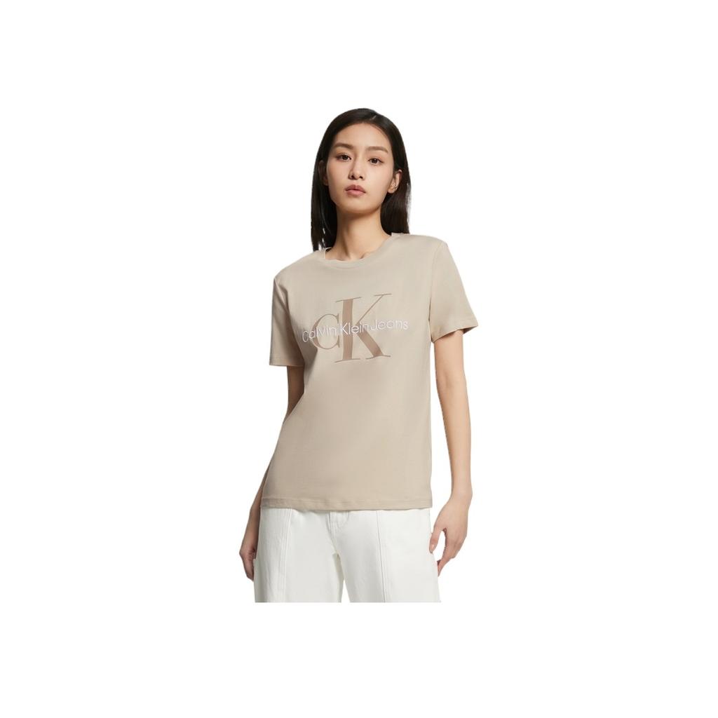Calvin Klein Модная дышащая футболка с надписью из чистого хлопка с круглым вырезом и коротким рукавом, женские топы, бежевый J218885-ACI