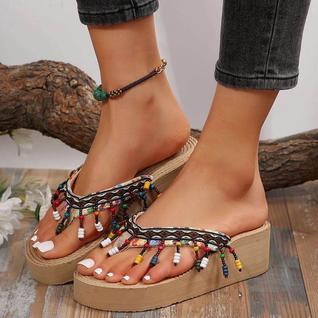 Fashion Ladies Summer Fashion Weave Women Beach Flip-Flops Non-Slip Flat Ladies Outdoor Soft Slippers Women's Simple Flip-Flop Slides