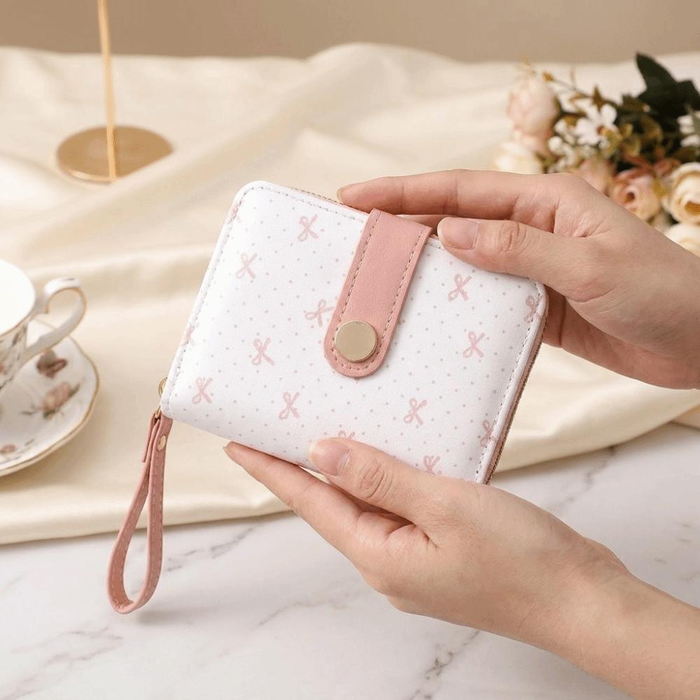 Zipper Closure Leather Short Wallet Multifuctional Bow Coin Purse Polka Dots Wallet For Girls