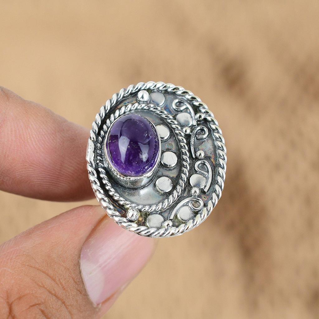 Memorial Day Deal Sterling Silver Oval African Amethyst Stone Promise Boho Ring