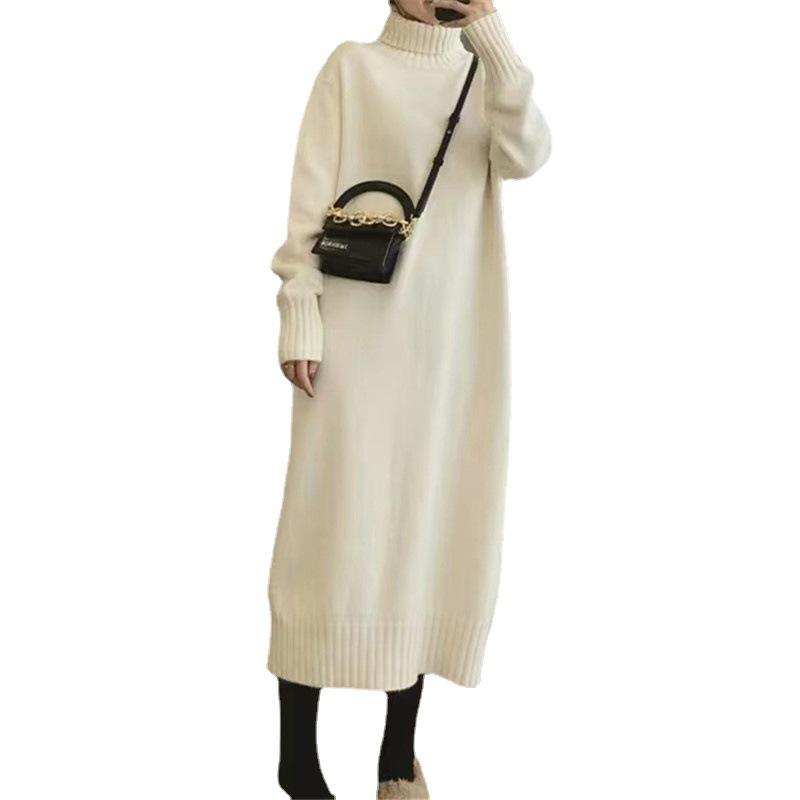 With Coat Autumn and Winter Turtleneck Temperament Dress Knee-knit Loose and Thin Bottom Long Dress New Sweater
