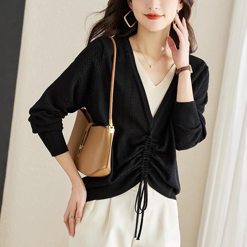 Spring and Autumn Women's Hollow V-neck Knit Sweater Loose Thin Sweater