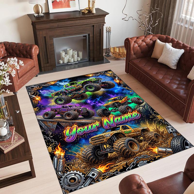 Monster Truck Theme Crystal Velvet Rug Personalized Custom Name Text Soft Floor Mat Home Decor
