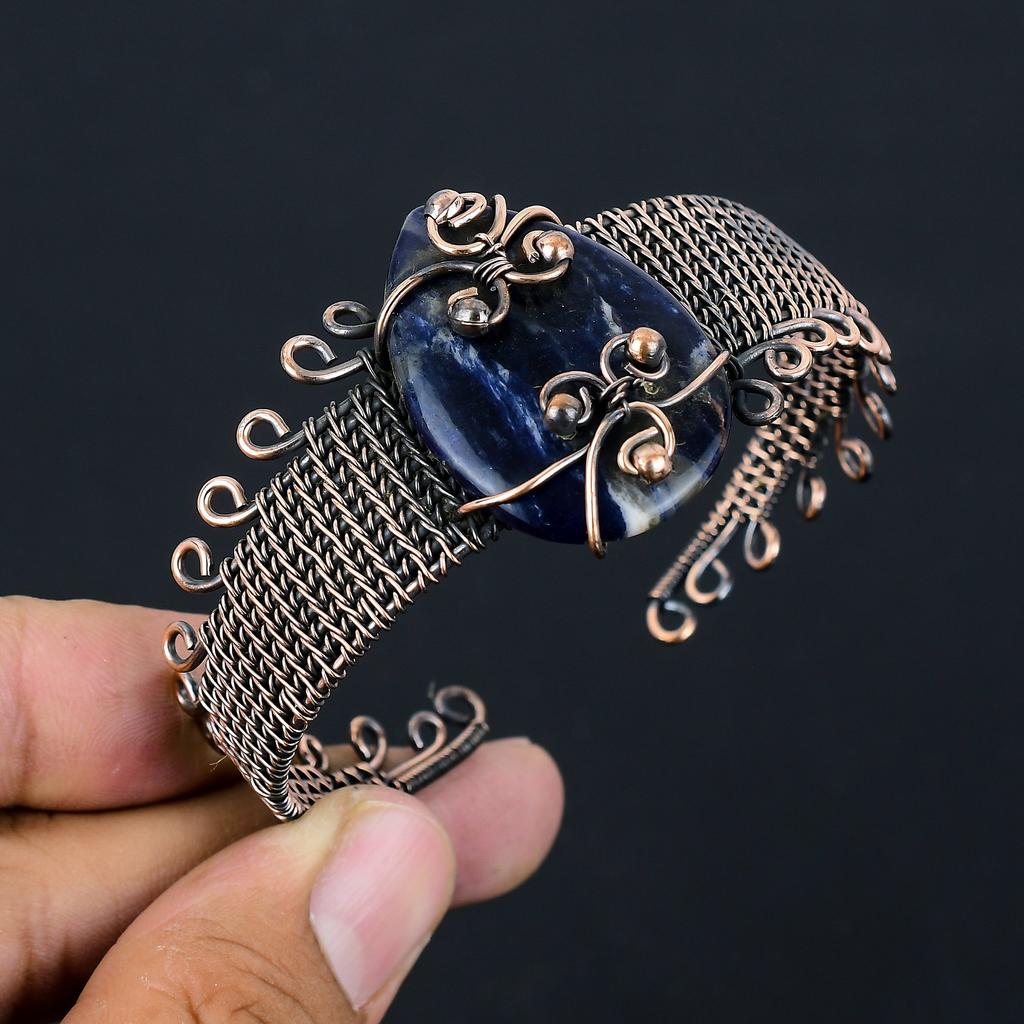 Natural Sodalite Gemstone Handmade Copper Wire Wrap Bangle Adjustable o5A27