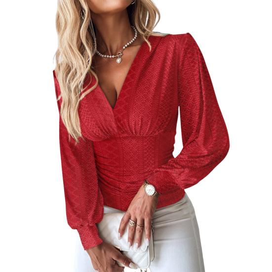 Женская рубашка с V-образным вырезом, длинным рукавом, ажурным узором, футболка, обтягивающая талия, повседневные летние топы, однотонная блузка