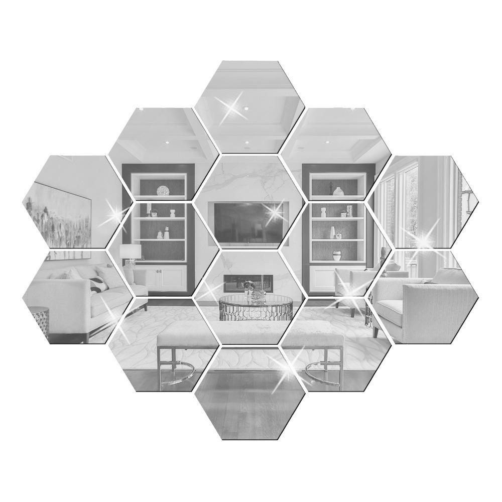 12pcs 3.15×2.76×1.57in Hexagon Mirror Wall Sticker Acrylic Self-adhesive Mirror Tile Office