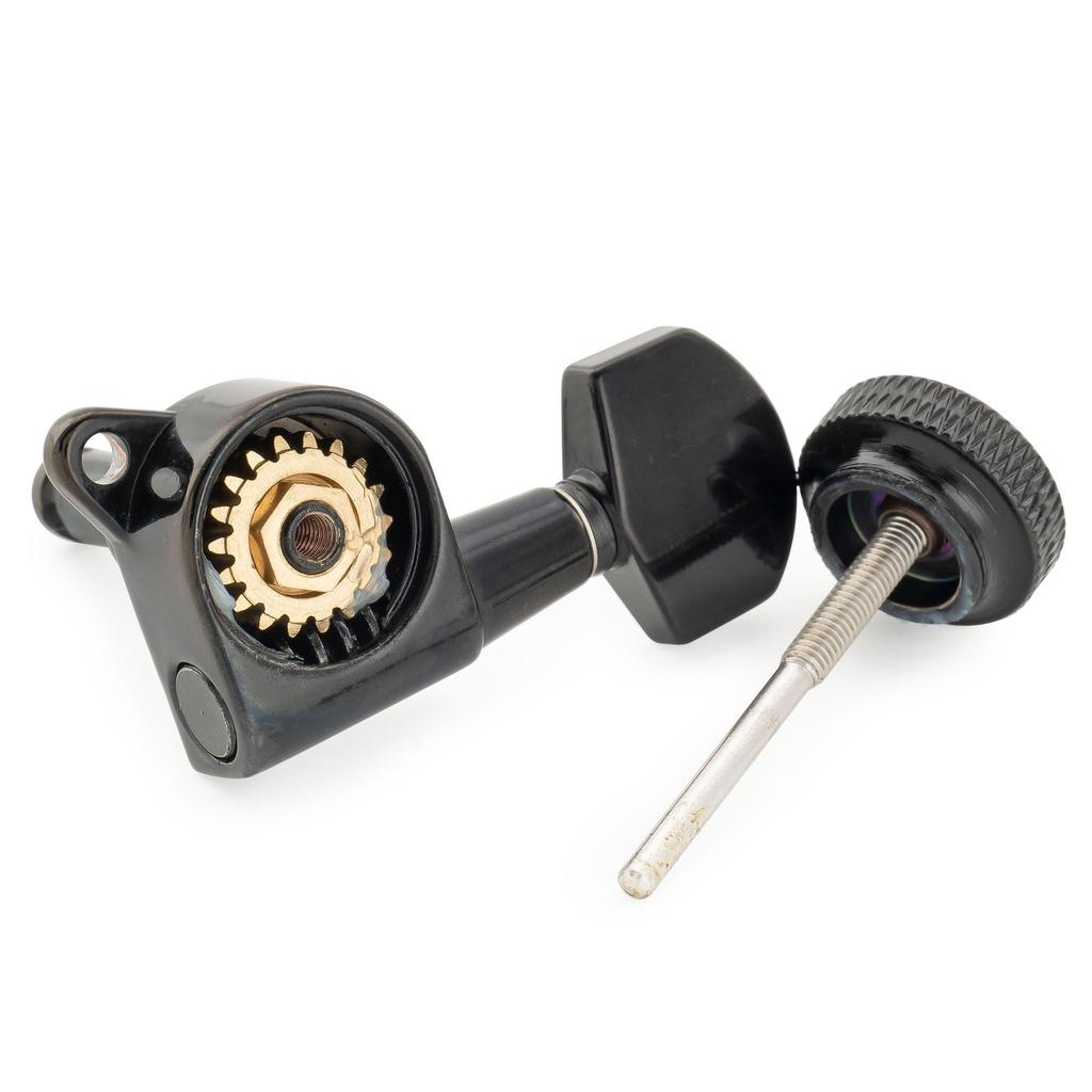 Колки Musiclily Pro с фиксацией, с шестерней, шестигранником и винтами для и электрогитары, черные, левосторонние, 6 штук, передаточное число 18:1, кнопки, 45-градусный Strat,