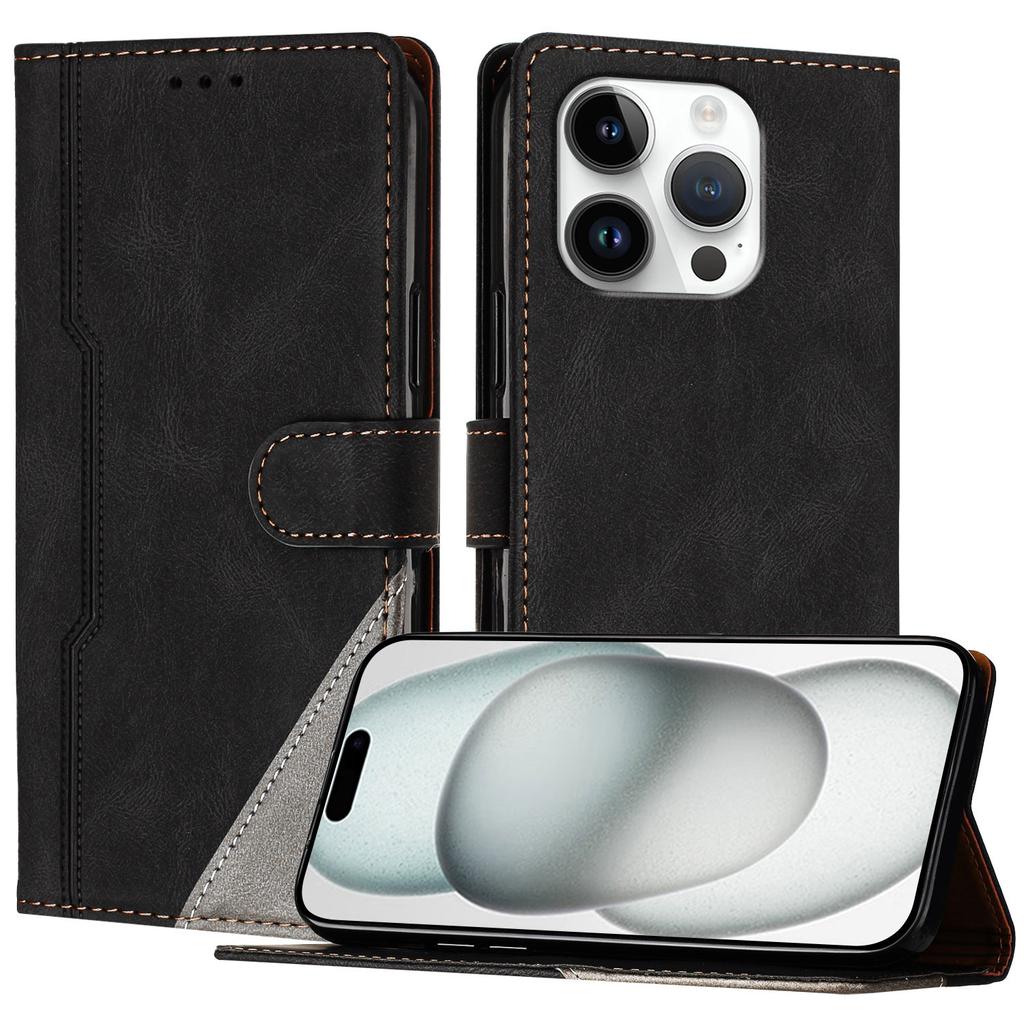 For iPhone 16 Pro Leather Case Triangle Patchwork Wallet Stand Shockproof Phone Cover