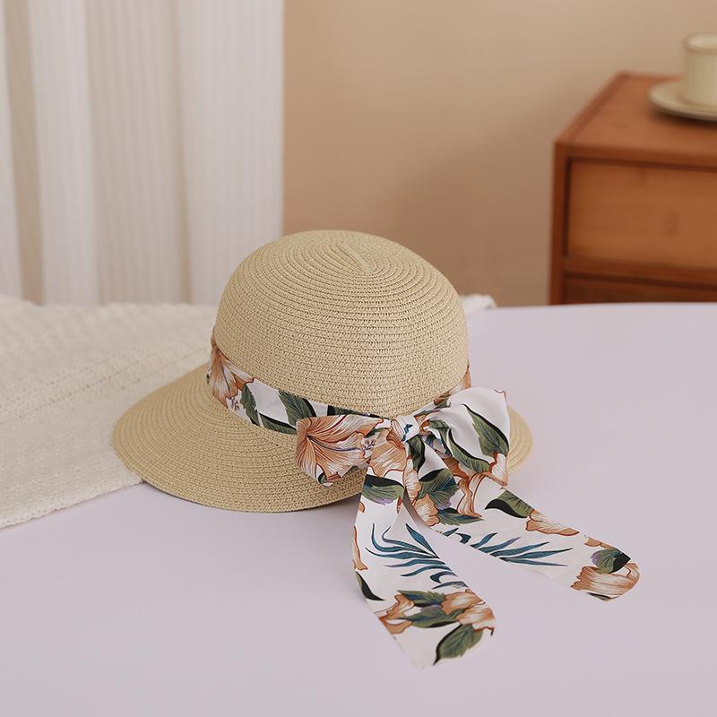 Flower Ribbon Bowknot Straw Hat Elegant Solid Color Sun Hat Trendy French Style Foldable Travel Beach Hats for Women Daily Use Summer Outdoor