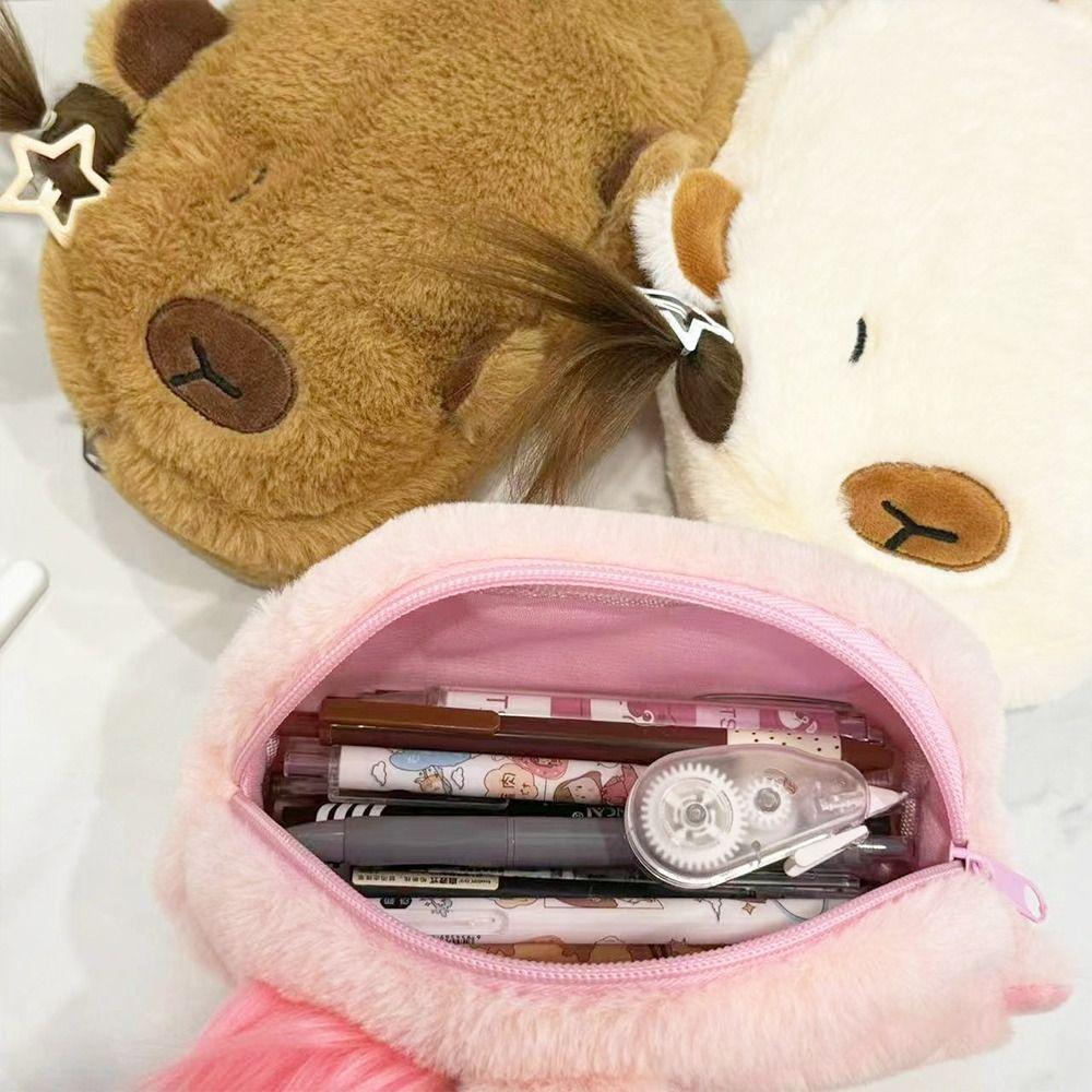 Storage Bag Capybara Pencil Bag Pen Holder Plush Pen Case Cute Capybara Stationery Bag  Office