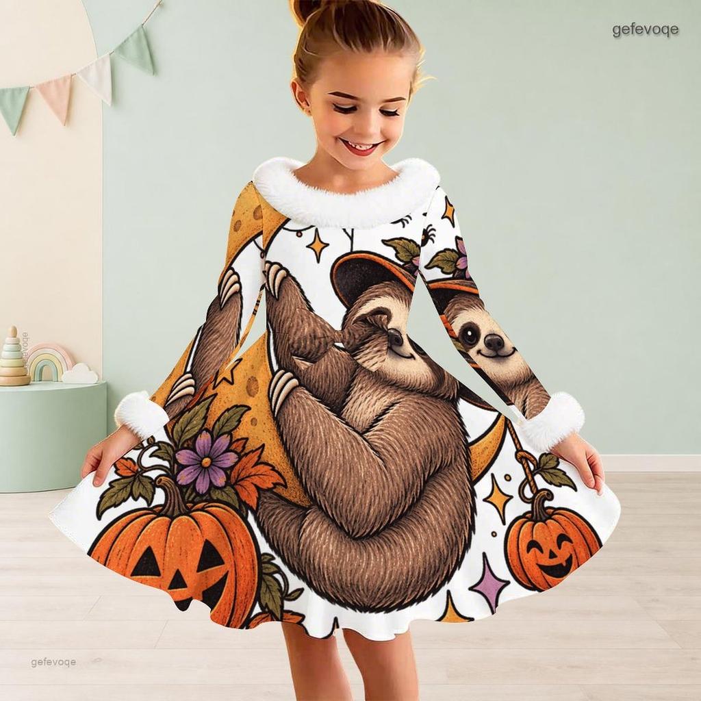 Girls Furry Trim High Neck Long Sleeve A Line Flared Hem Ghost Pumpkin Floral Printed Dress