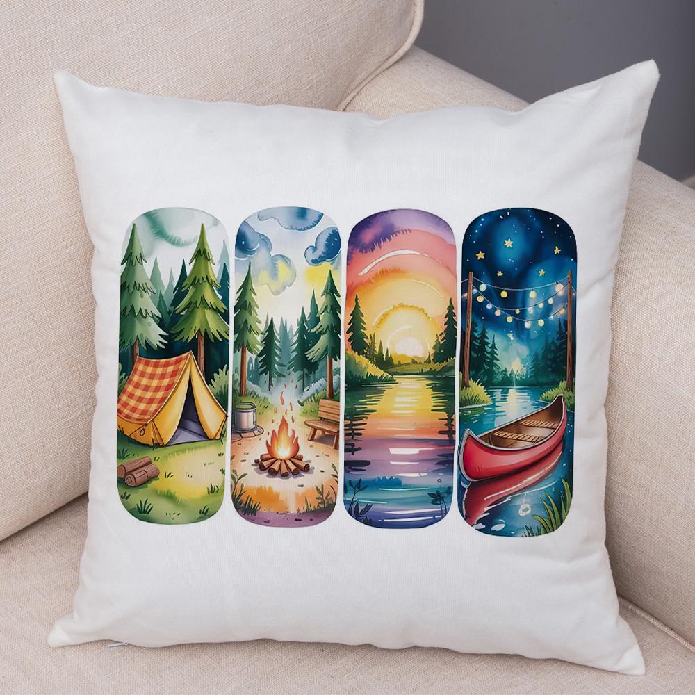 Woodland Campsite Cushion Cover Double Print Bonfire Scene Pillowcase Soft Plush Lake Sunset Cushion Cover for Sofa Home Car