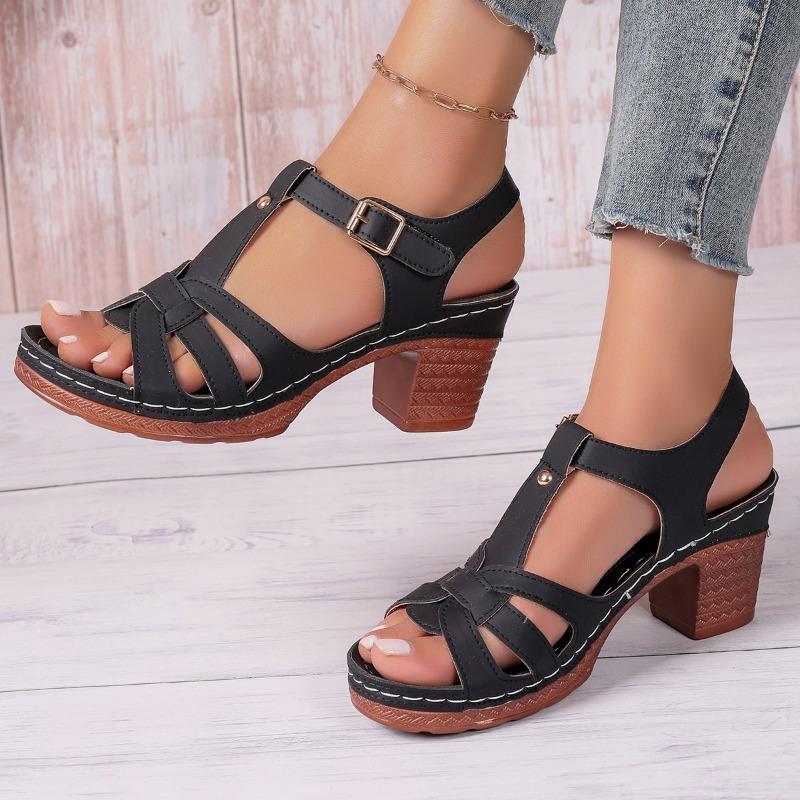 Модные женские летние 2025 новые босоножки на высоком каблуке в корейском стиле с открытым носком, на толстом каблуке, с ремешком на пряжке, обувь большого размера, женские сандалии