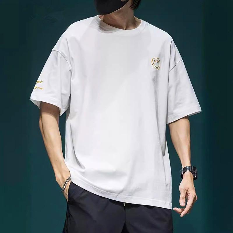 Мужская летняя футболка больших размеров 2024 с вышивкой в виде смайлика, с коротким рукавом, повседневная, из хлопка