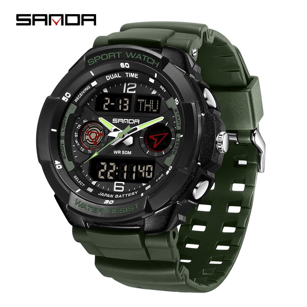 SANDA 6197 Модные мужские электронные часы Спортивные многофункциональные Водонепроницаемые Светодиодные Двойной дисплей Студенческие электронные часы