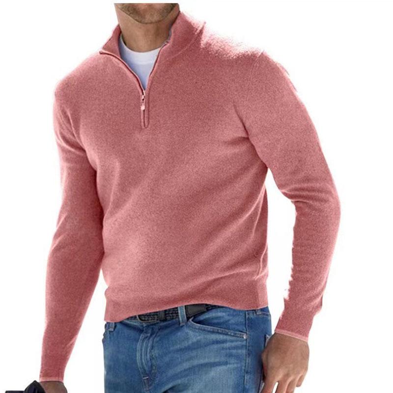 Men's Autumn Long Sleeve V-Neck Wool Polo Shirt with Plush Zipper